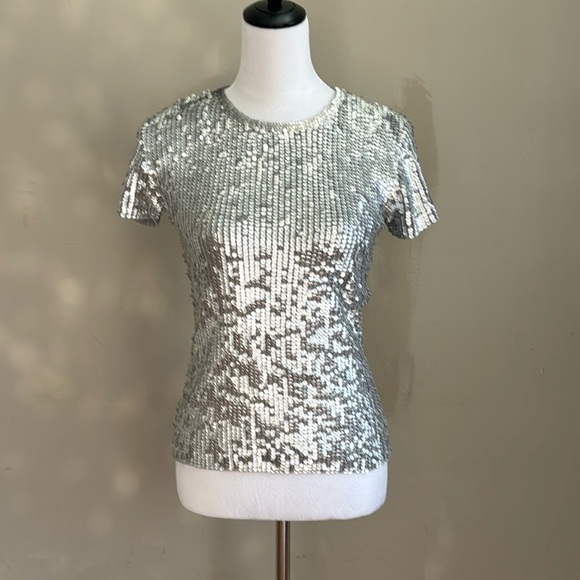 Oscar de la Renta Tops - Oscar De La Renta Sequin Gray Silver Short Sleeve Scoop Neck Top Blouse Size S